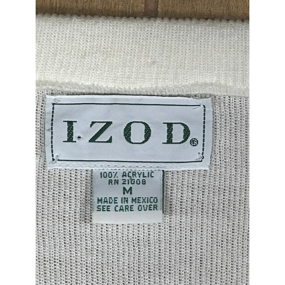 Vintage Izod Mens V-Neck Sweater White Acrylic‎ Knit Crest Logo 30741 J94 Medium
